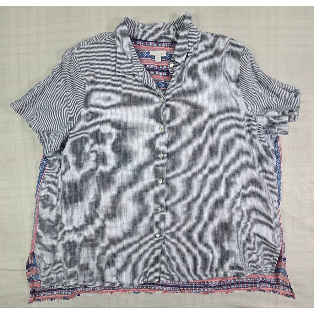 J.Jill Linen Short Sleeve Shirt Floral Cotton Back Button Front Women XL Pet